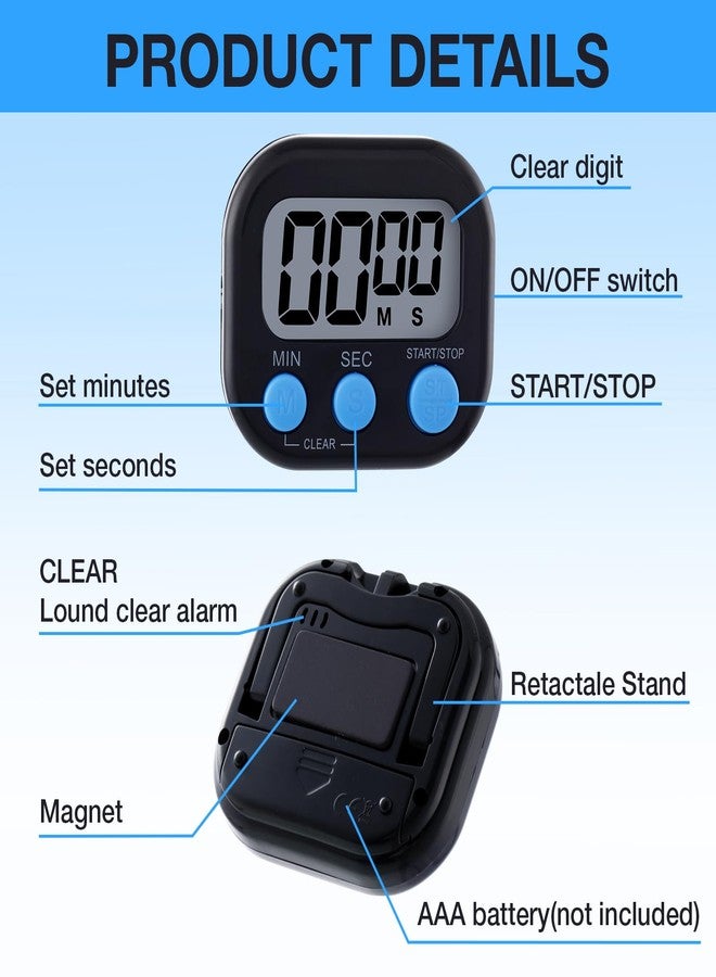 Leumoi 24 Pcs Digital Kitchen Timers Magnetic Back Timers Bulk Large Screen Loud Alarm On/Off Switch Minute Second Count up Countdown Memory Setting for Cooking Classroom Exercise(Black and Blue) - Image 3